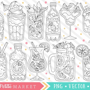 Kawaii Drinks Clipart, Summer Drinks Clip Art Images, Martini Desserts Milkshake Illustrations, Cute Food Drink Designs, Digital Stamps