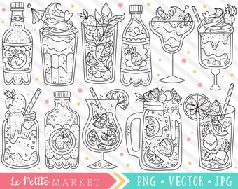 Kawaii Drinks Clipart, Summer Drinks Clip Art Images, Martini Desserts Milkshake Illustrations, Cute Food Drink Designs, Digital Stamps