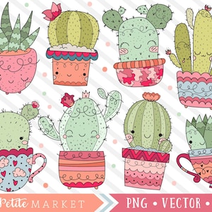 Kawaii Cactus Clipart Set, Cactus Illustration Set, Cute Succulent Designs, Cactus in Teacups Clip Art, Potted Plants, Commercial Use