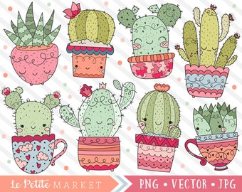 Kawaii Cactus Clipart Set, Cactus Illustration Set, Cute Succulent Designs, Cactus in Teacups Clip Art, Potted Plants, Commercial Use
