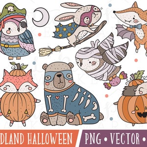 Cute Woodland Halloween Celebration Clipart, Woodland Fall Animals, Woodland Costume Party Clipart, Cute Halloween Clipart, Commercial Use