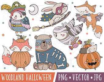 May include: A set of ten woodland animal illustrations in a Halloween theme. The animals include a fox, owl, bunny, bear, hedgehog, and a mummy owl. The illustrations are in a cartoon style and feature bright colors.