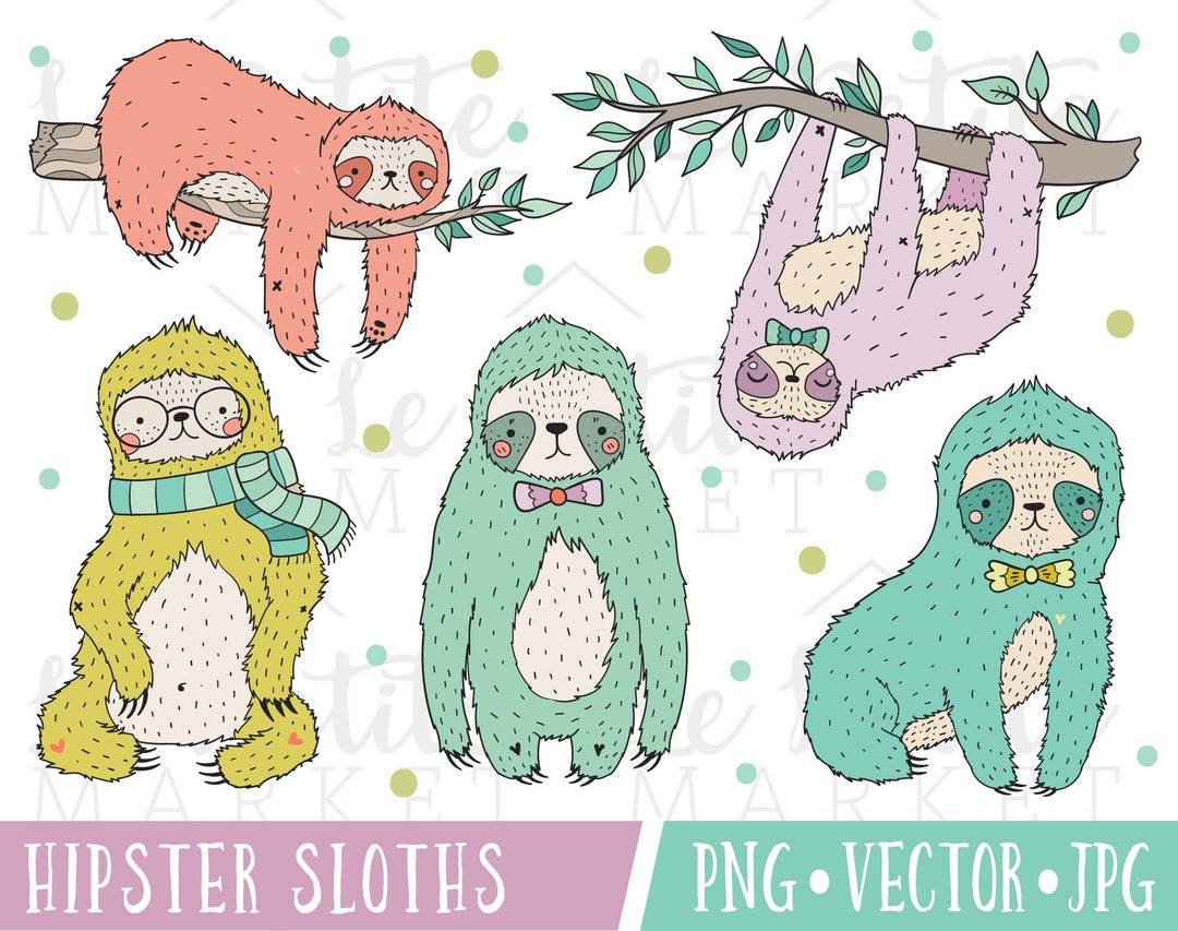 Cute Hipster Sloth Clipart Images, Cute Sloth Clip Art, Hipster Animal ...