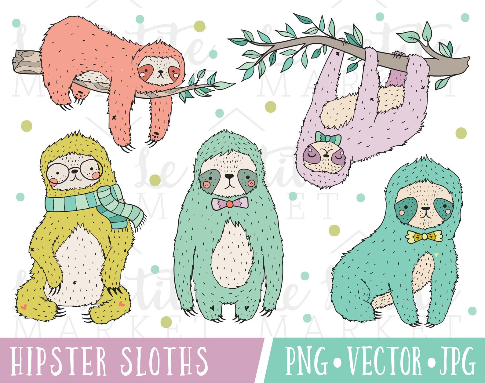 Cute Hipster Sloth Clipart Images Cute Sloth Clip Art | Etsy