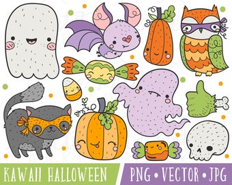 Cute Halloween Clipart Images, Cute Bat Clipart, Cute Halloween Ghost Clipart, Kawaii Halloween Clip Art Set, Kawaii Trick or Treat Clipart