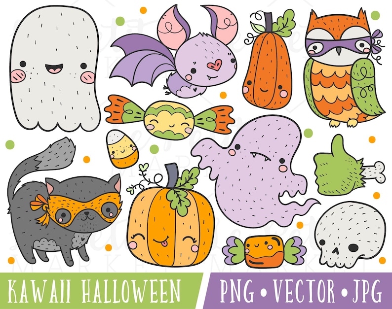 Söta Halloween Clipart-bilder, söt fladdermus Clipart, söt Halloween-spöke Clipart, kawaii Halloween-clipart, kawaii bus eller godis Clipart bild 1