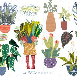 May include: A colorful illustration of various houseplants in pots, including a cactus, a hanging plant, and a leafy plant with a polka dot pattern. The illustration also includes a sign that says "Save the Bees, Protect the Trees!" and another sign that says "Plant Mom".