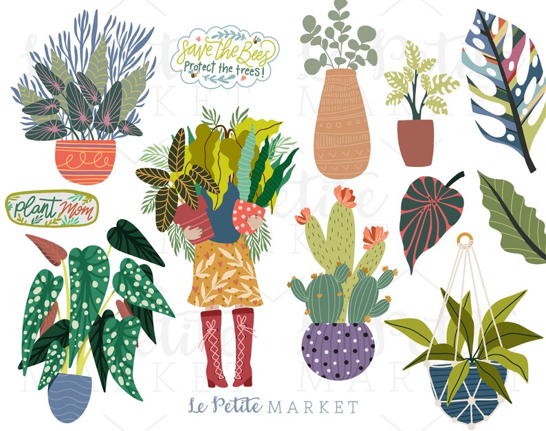 May include: A colorful illustration of various houseplants in pots, including a cactus, a hanging plant, and a leafy plant with a polka dot pattern. The illustration also includes a sign that says "Save the Bees, Protect the Trees!" and another sign that says "Plant Mom".
