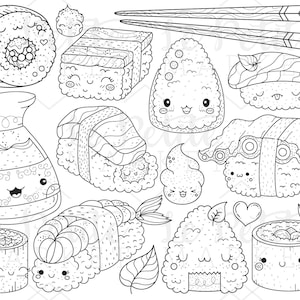 Japan Sushi des Images Clipart, clipart nourriture Kawaii, Sushi timbres numériques, baguettes, Sauce de soja, Sushi mignon Illustration ensemble, usage Commercial