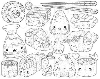 Japan Sushi Clipart Images, Kawaii Food Clip Art, Sushi Digital Stamps, Chopsticks, Soy Sauce, Cute Sushi Illustration Set, Commercial Use