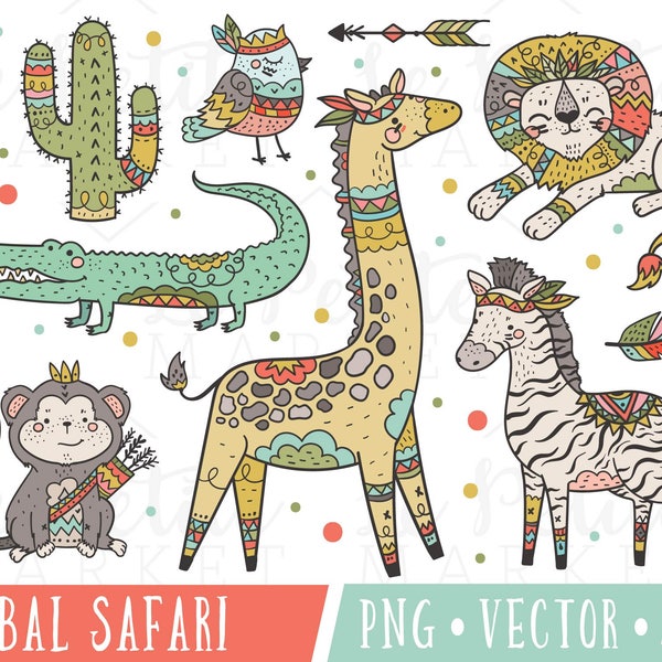 Tribal Animals Clipart, Tribal Animals Clip Art, Cute Safari Animals Clipart, Cute Lion Zebra Giraffe Monkey Clipart, Cute African Animals