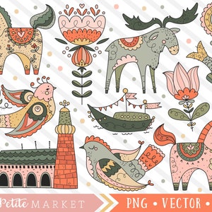 Scandinavia carina Clipart, Scandinavian Clip Art Set, illustrazioni di carina Amsterdam, Amsterdam Clipart immagini, Clipart nordico, Dala cavalli