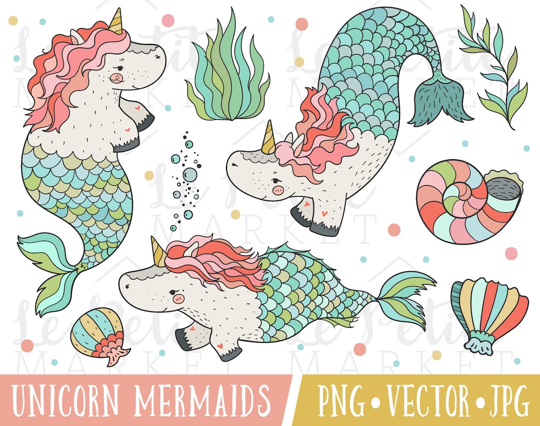 Unicorn Mermaids Clipart for Personal and Commercial Use, Mermaid ...