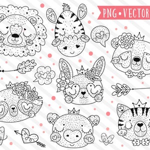 Heart Faced Friends Clipart, Cute Valentine Animals Clipart, Valentine Clip Art, Sweet Animal Faces Clipart, Animal Portrait Clipart Images