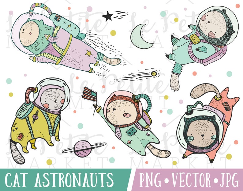 Cat Astronauts Clipart Images, Astronaut Cat Clipart, Cute Cat Illustrations, Astronaut Illustrations, Cat Cosmonauts, Science Clipart image 1