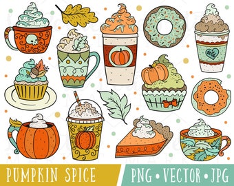 Cute Pumpkin Spice Clipart Images, Pumpkin Spice Latte Clipart, Hand Drawn Clipart, Cute Autumn Coffee Clipart, Fall Pumpkin Spice Clipart