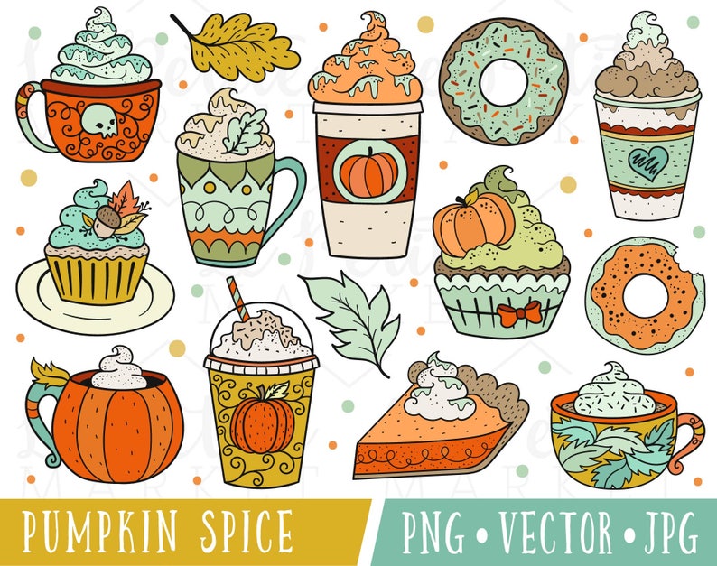 Cute Pumpkin Spice Clipart Images, Pumpkin Spice Latte Clipart, Hand Drawn Clipart, Cute Autumn Coffee Clipart, Fall Pumpkin Spice Clipart image 1