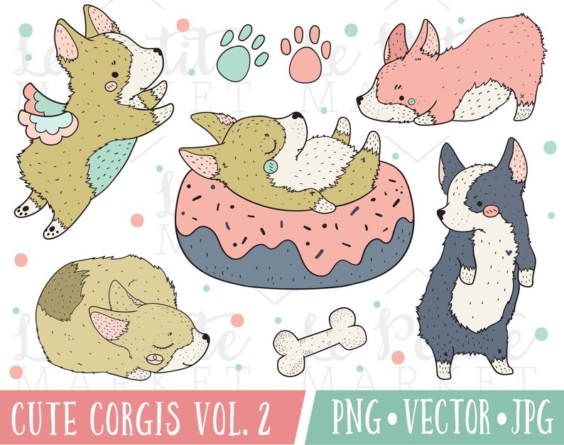 May include: A set of digital illustrations featuring cute corgis in various poses. The corgis are depicted in a cartoon style with bright colors and playful expressions. The illustrations include a corgi with angel wings, a corgi sleeping on a donut, a corgi lying down, and a corgi standing up. The text "Cute Corgis Vol. 2" and "PNG - VECTOR - JPG" is included in the image.