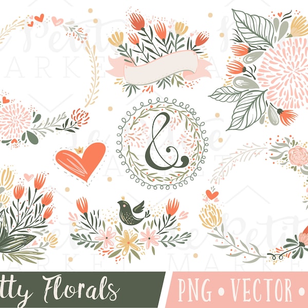 Painted Florals Clipart Set, Wedding Flowers Clipart Images, Hand Drawn Floral Clipart, Ampersand Clipart, Flower Illustration Set, Wreath