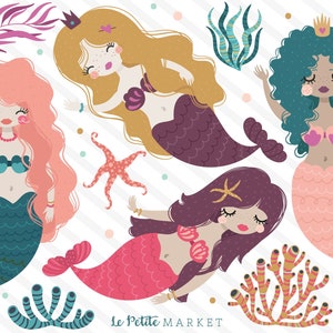 Mermaid Clipart Images, Pretty Mermaid Clip Art Illustrations, Mermaid Illustration Set, Dark Skinned Mermaid, Mermaid Party Designs Coral