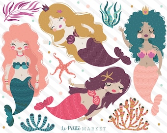 Mermaid Clipart Images, Pretty Mermaid Clip Art Illustrations, Mermaid Illustration Set, Dark Skinned Mermaid, Mermaid Party Designs Coral