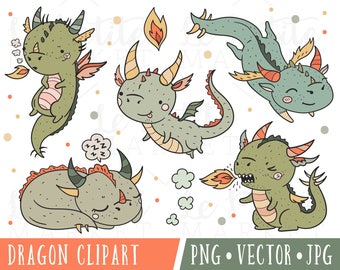 Cute Dragon Clipart Set, Clipart Dragons, Kawaii Dragon Clipart, Dragon Clip Art, Dragon Illustrations, Woodland Dragons, Dragon PNG