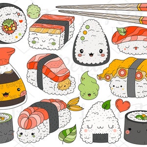 Kawaii Sushi Clipart Illustration Set, Instant Download Cute Japanese Food Clip Art, Png, Usage commercial, Baguettes, Sauce soja, Umami
