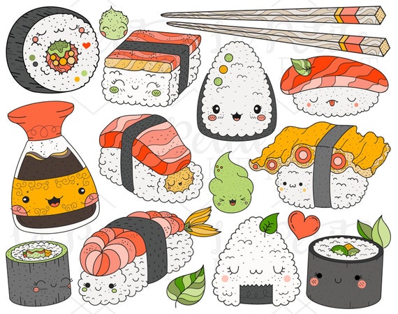 Kawaii Sushi Clipart Illustration Set Instant Download Cute Etsy kawaii sushi clipart illustration set instant download cute japanese food clip art png commercial use chopsticks soy sauce umami