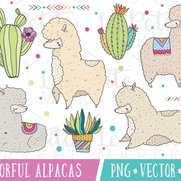 Mexican Otomi Alpaca Clipart Images, Cactus and Alpacas in Mexican Otomi Colors, Cute Alpaca Illustration Set, Cute Alpaca Clipart Images