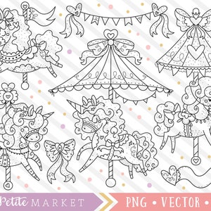 Cute Carousel Clipart Set, Unicorn Digital Stamps, Unicorn Carousel Clip Art, Carnival Unicorns, Kawaii Clipart, Merry-Go-Round State Fair