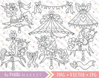 Cute Carousel Clipart Set, Unicorn Digital Stamps, Unicorn Carousel Clip Art, Carnival Unicorns, Kawaii Clipart, Merry-Go-Round State Fair