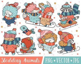 Winter Sledding Clipart Images, Cute Winter Animals Clipart, Kawaii Winter Cat Clipart, Printable Holiday Stickers, Cute Fox Bunny Clipart