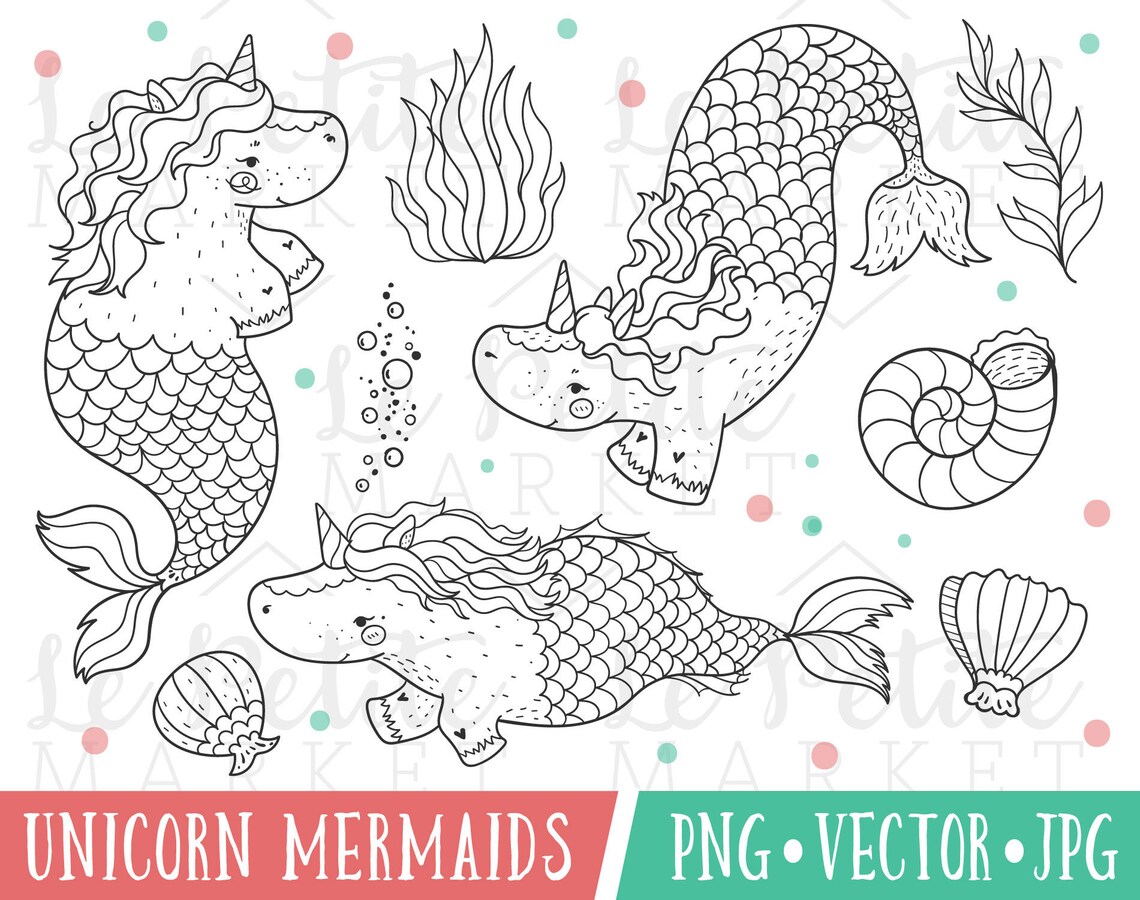 Cute Unicorn Mermaid Clipart Set, Mermaid Unicorn Clipart, Mermaid ...