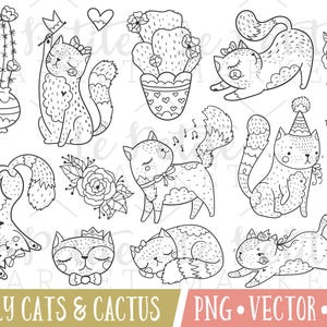 Girl Cat Clipart Images, Cat Clipart Black and White, Cat Clipart for Coloring, Cats and Cactus Digital Planner Stickers, Cat PNG and Vector