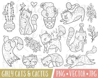 Girl Cat Clipart Images, Cat Clipart Black and White, Cat Clipart for Coloring, Cats and Cactus Digital Planner Stickers, Cat PNG and Vector