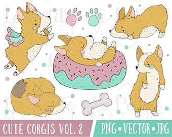 Cute Corgi Clipart Images, Cute Welsh Corgi in different poses, Corgi Illustration Set, Kawaii Corgis, Kawaii Dog Clipart, British Clipart
