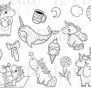 Puede incluir: Un conjunto de ilustraciones en blanco y negro de l&iacute;nea de arte con unicornios, una narval, una taza de caf&eacute;, una estrella, un lazo, una flor, un cono de helado, un globo, una nube, una luna creciente y un cartel que dice "Queremos caf&eacute;".