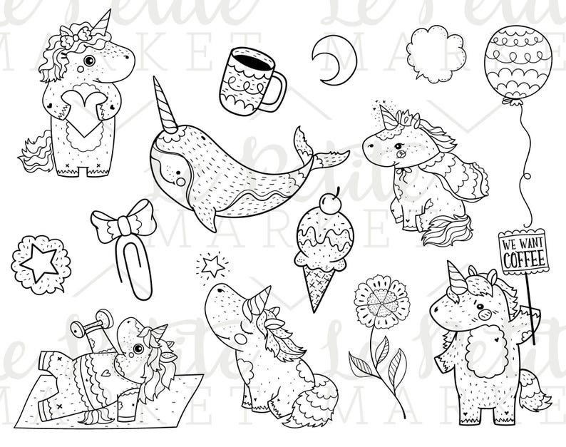 Puede incluir: Un conjunto de ilustraciones en blanco y negro de l&iacute;nea de arte con unicornios, una narval, una taza de caf&eacute;, una estrella, un lazo, una flor, un cono de helado, un globo, una nube, una luna creciente y un cartel que dice "Queremos caf&eacute;".