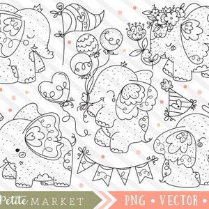 Imágenes prediseñadas del elefante, lindo bebé elefante clip arte, ilustraciones de elefantes, clipart de la guardería, animales lindos del bebé, línea vectorial de sellos digitales