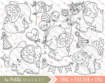 Elefant Clipart-bilder, söt elefantunge clipart, elefantillustrationer, barnrumsclipart, söta djurungar, digitala stämplar vektorlinje