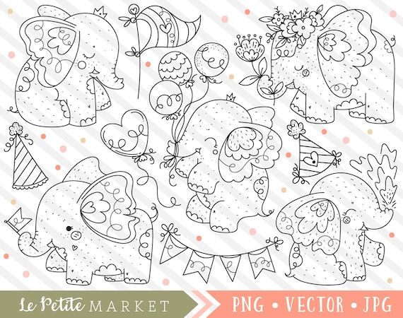 Elephant Clipart Images, Cute Baby Elephant Clip Art, Elephant Illustrations, Nursery Clipart, Cute Baby Animals, Digital Stamps Vector Line
