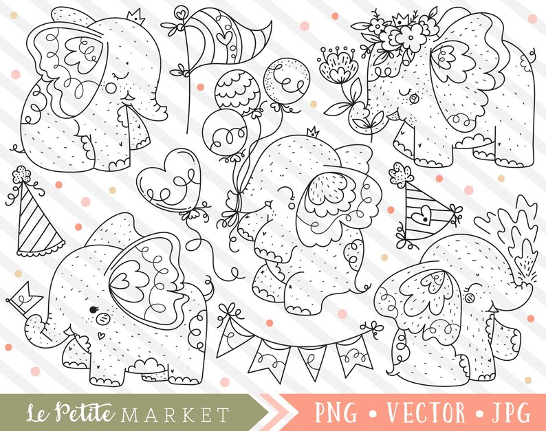 Puede incluir: Un conjunto de cinco dibujos en blanco y negro de lindos elefantes con detalles florales y en forma de coraz&oacute;n. Los elefantes llevan sombreros de fiesta y sostienen globos. Los dibujos son perfectos para manualidades, scrapbooking o dise&ntilde;o digital.