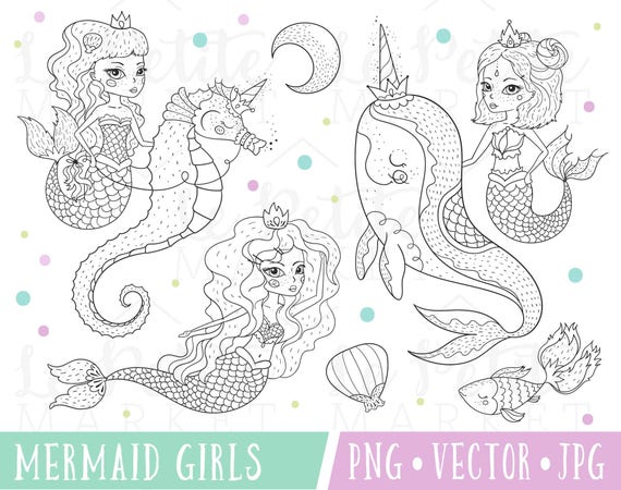 Pretty Mermaid Clipart Images, Cute Mermaid Clipart Set, Cute Mermaid Illustrations, Mermaid with Seahorse, Mermaid and Narwhal Clipart
