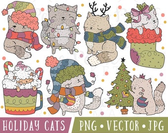 Holiday Cats Clipart Images, Christmas Cat Clipart, Cat Christmas Clipart, Holiday Cat Illustration Set, Cute Winter Cats Clipart PNG