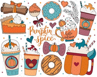 Pumpkin Spice Clipart Afbeeldingen Digitale Stempels, Herfst Clipart Foods Donuts Frappe Koffie, Pompoentaart Cake Pop Clip Art Illustratie Set PNG