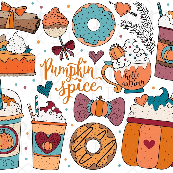 Pumpkin Spice Clipart Images Digital Stamps, Autumn Clipart Foods Donuts Frappe Coffee, Pumpkin Pie Cake Pop Clip Art Illustration Set PNG