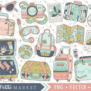 Lindo viaje Clipart Set, Kawaii Travel Graphics, lindo Vacation Clipart, Roadtrip Clip Art, Maleta Snorkel Mapa Cámara Equipaje Clipart