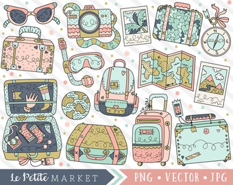 Cute Travel Clipart Set, Kawaii Travel Graphics, Cute Vacation Clipart, Roadtrip Clip Art, Suitcase Snorkel Map Camera Luggage Clipart