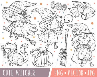 Cute Witch Clipart Images, Cute Witch Digital Stamps, Doodle Halloween Clipart, Halloween Line Clipart, Cute Halloween Witches Clip Art PNG