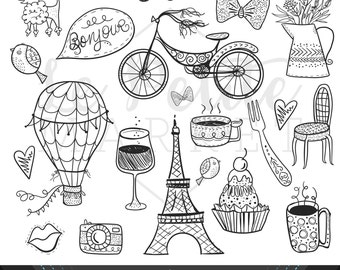 May include: Black and white hand-drawn illustrations of various Parisian themed items, including a hot air balloon, Eiffel Tower, bicycle, coffee cups, a cupcake, a fork, a chair, a bird, a bow, a camera, a wine glass, a pair of lips, a poodle, a pitcher, and a sign that says "Bonjour".
